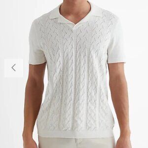 Express Textured Knit Johnny Collar Cotton Sweater Polo White Retro